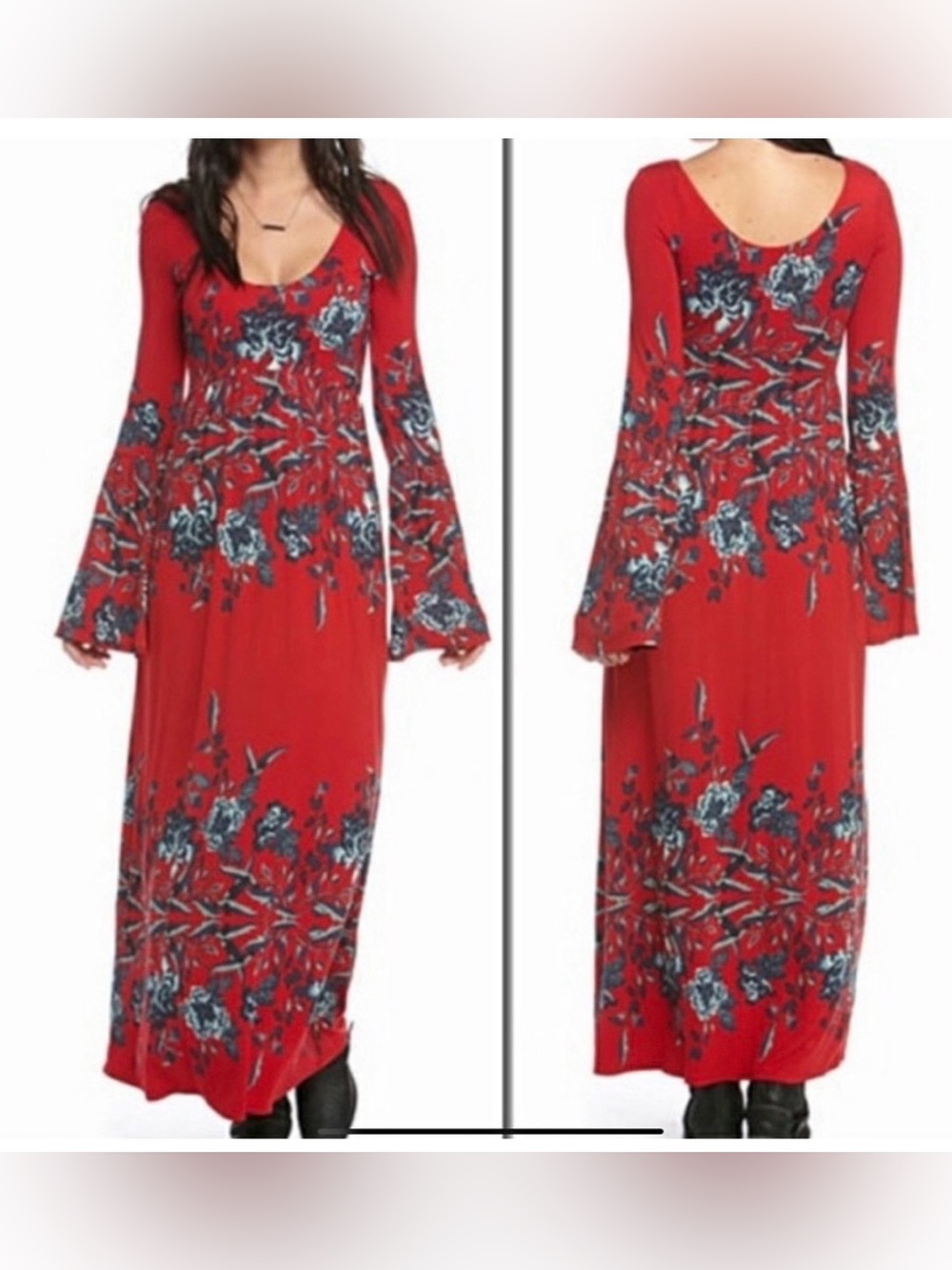 Free People Maxi Dress Midnight Garden Red With Blue Floral Print Size M